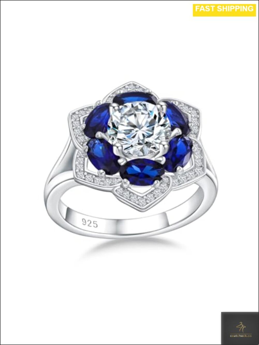925 Sterling Silver White Gold Plated Flower Cocktail Ring Cubic Zirconia